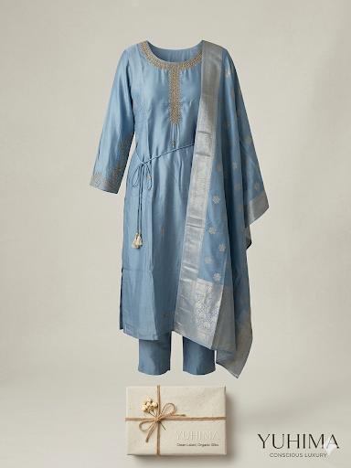 The Azure Heritage Set : Hand-Finished Silk-Cotton Kurta with Banarasi Zari Dupatta
